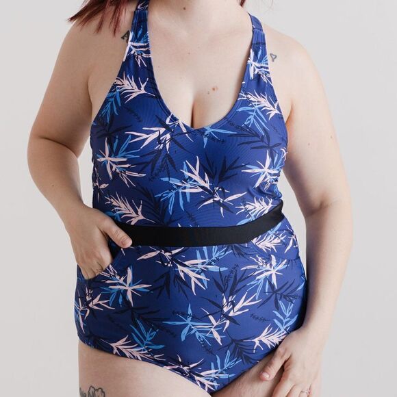 NWT XL - Full Coverage, Supportive One Piece in Blue Palm Print - Picture 1 of 16